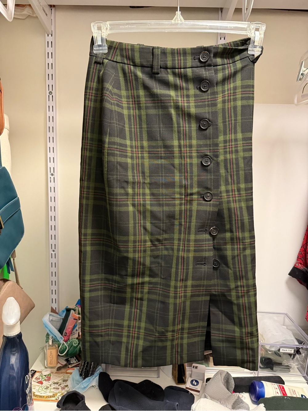 Wilfred Leona Olive and Black Plaid Button-Front Midi Skirt